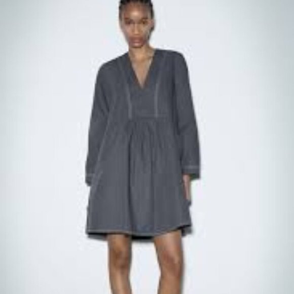 Zara - Gray Cotton Long Sleeve Dress - L - NWOT - Picture 1 of 10